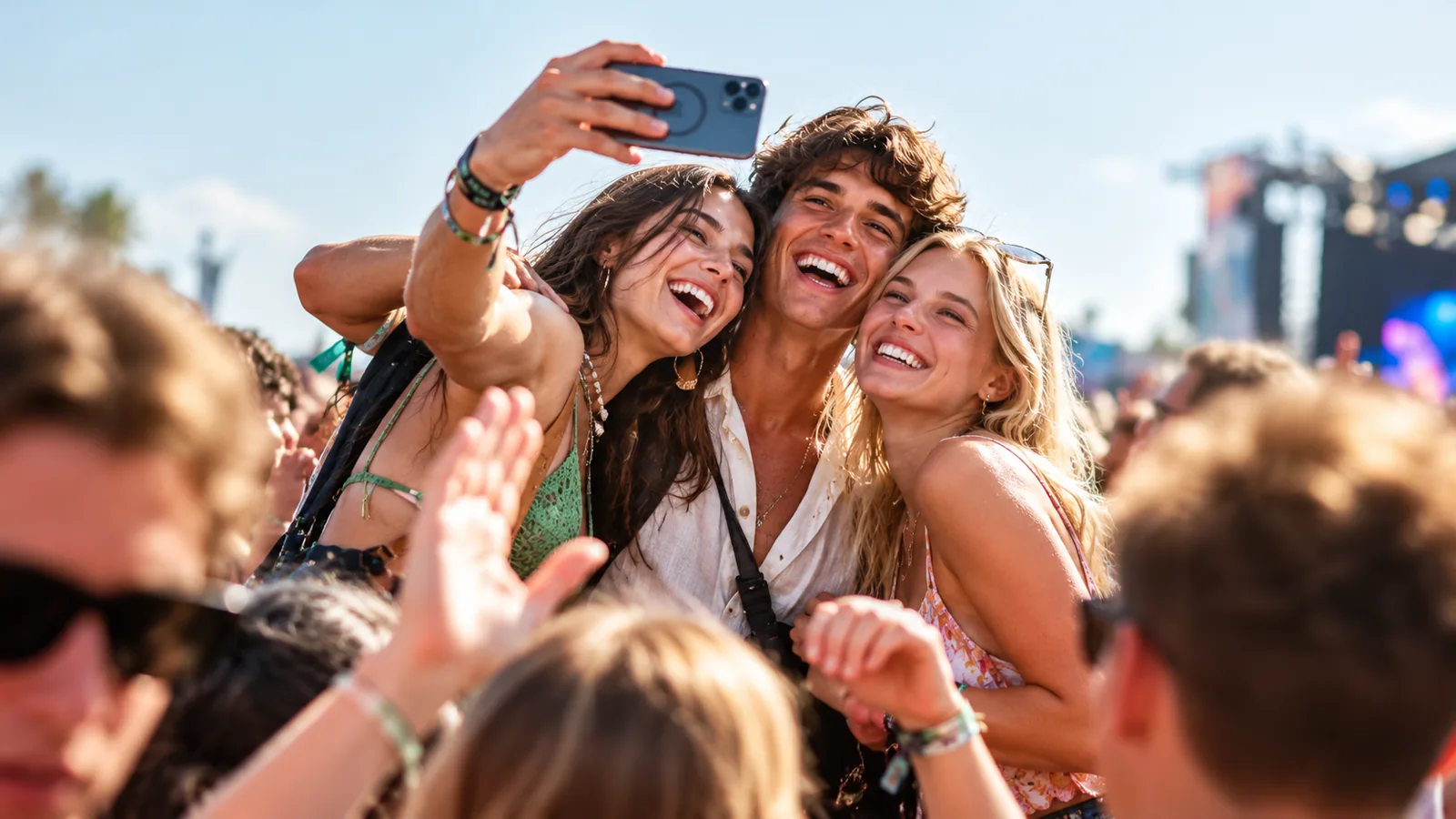 Vrienden maken samen foto's met hun smartphone